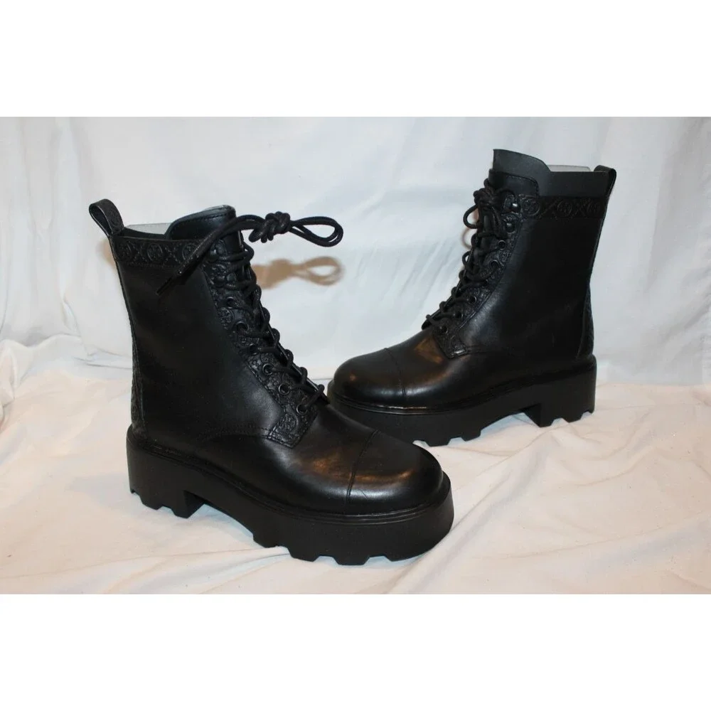 Tory Burch Double T Logo Lug Sole Leather Platform Vachetta Boots Black 8 $500